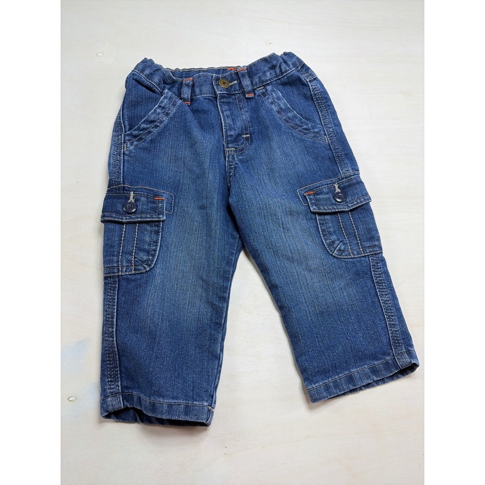 OshKosh B'gosh Baby Boy Cargo Jeans Medium Wash Denim Elastic Waist 12M